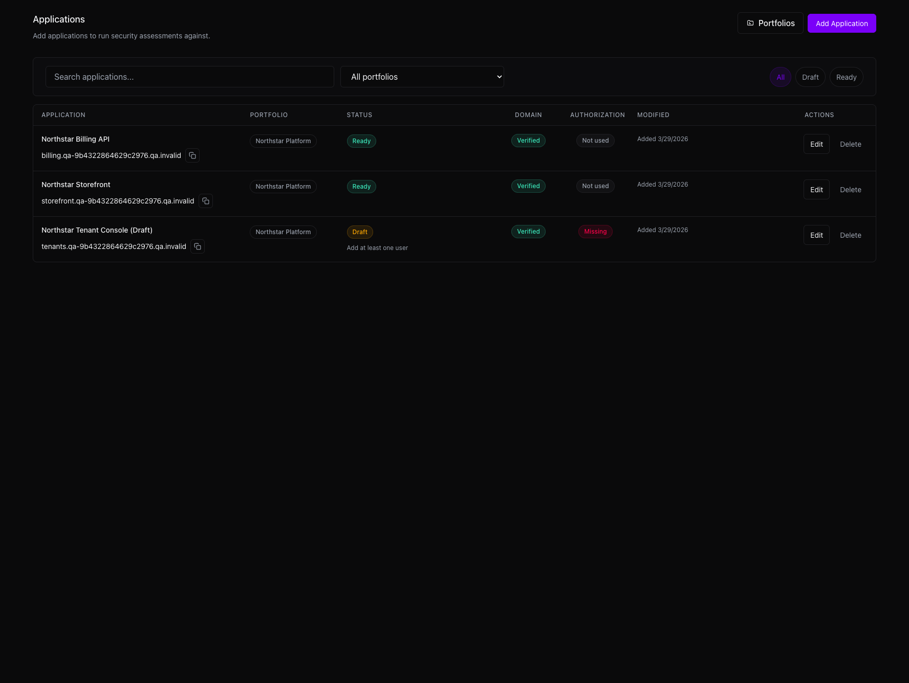 Applications page showing the Portfolios button, search and portfolio filters, status filters, current readiness columns, and synthetic application rows