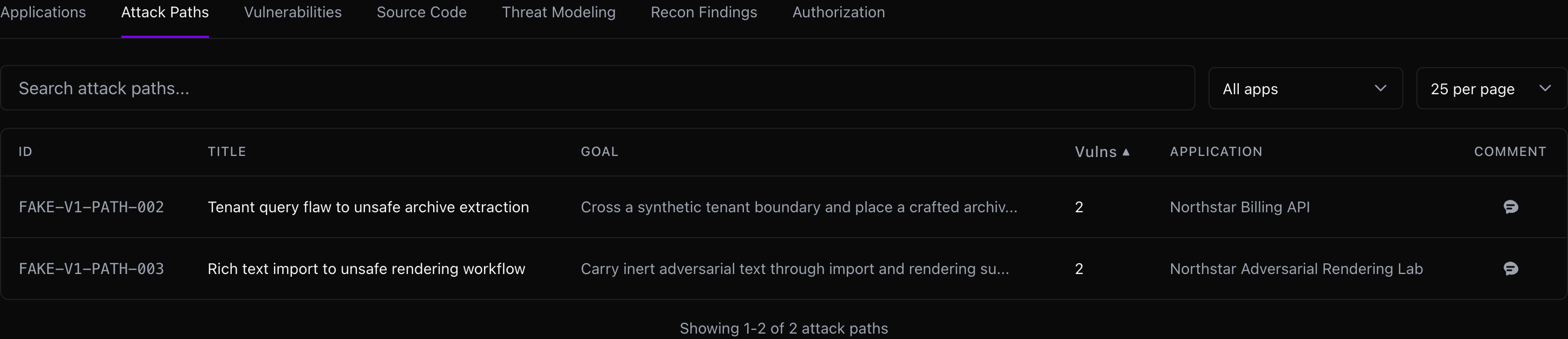 Attack Paths tab showing chained risks, goals, vulnerability counts, application context, comments, and actions