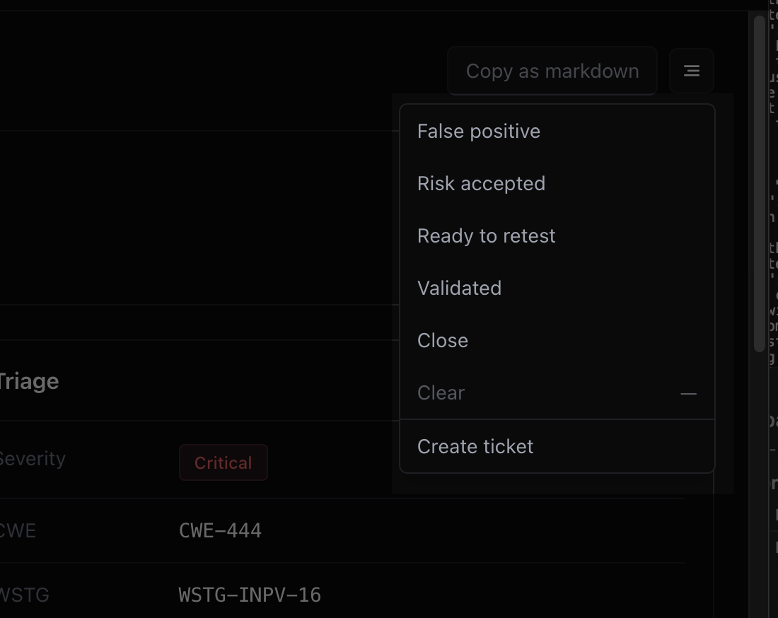 Finding detail action menu with false positive, risk accepted, ready to retest, validated, close, clear, and create ticket actions