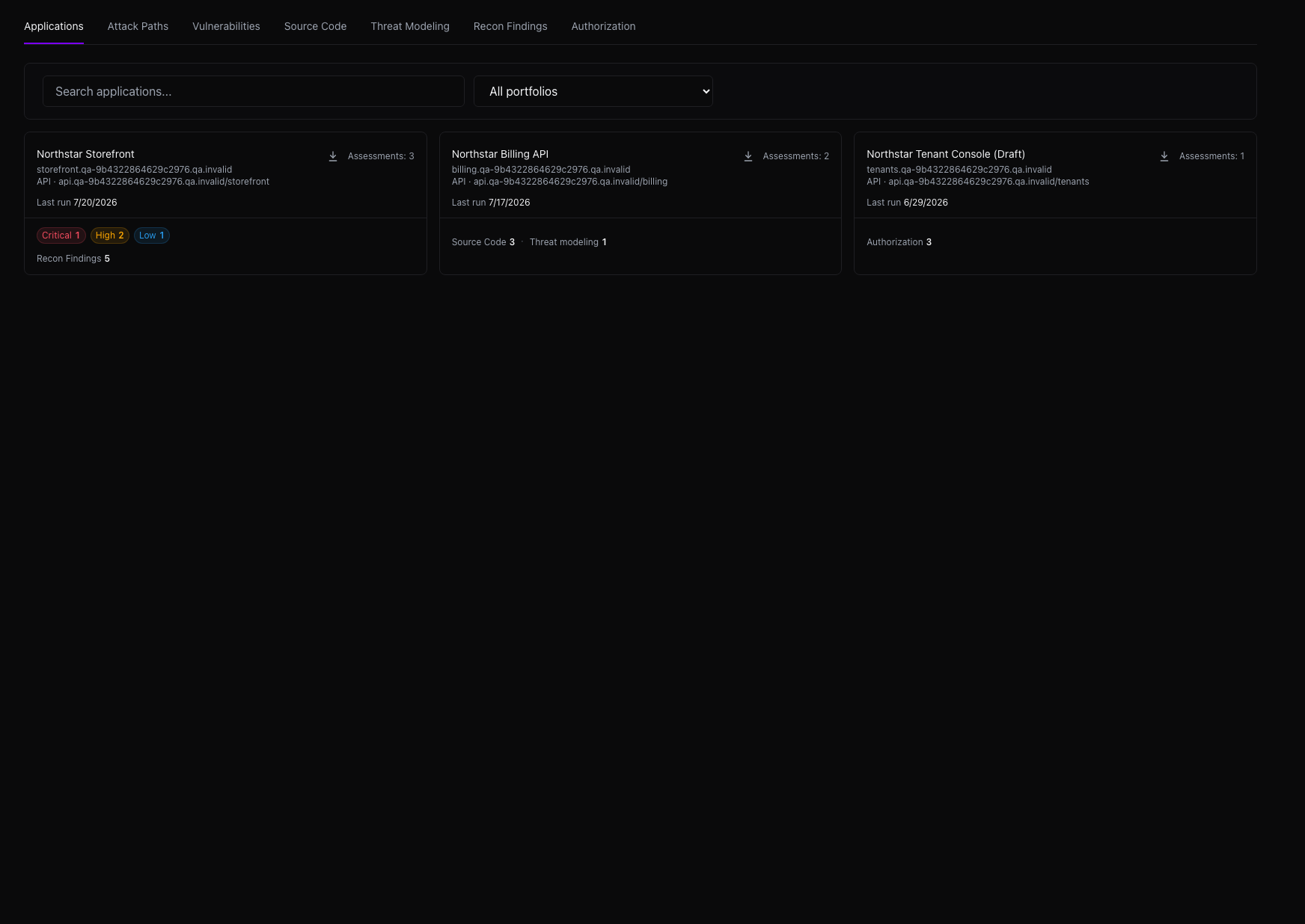 Findings Applications view showing application cards with assessment activity, severity links, finding categories, and portfolio filtering