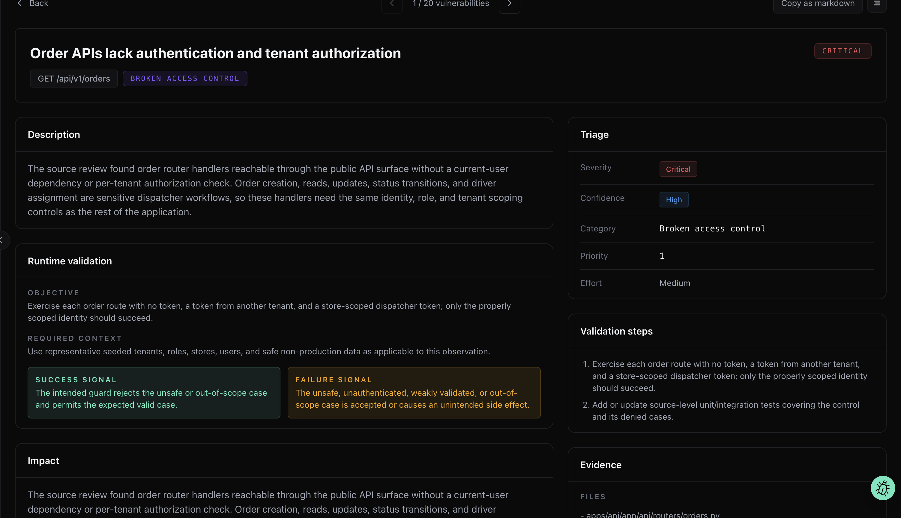 Source-code risk detail view with description, runtime validation, triage metadata, validation steps, impact, and evidence