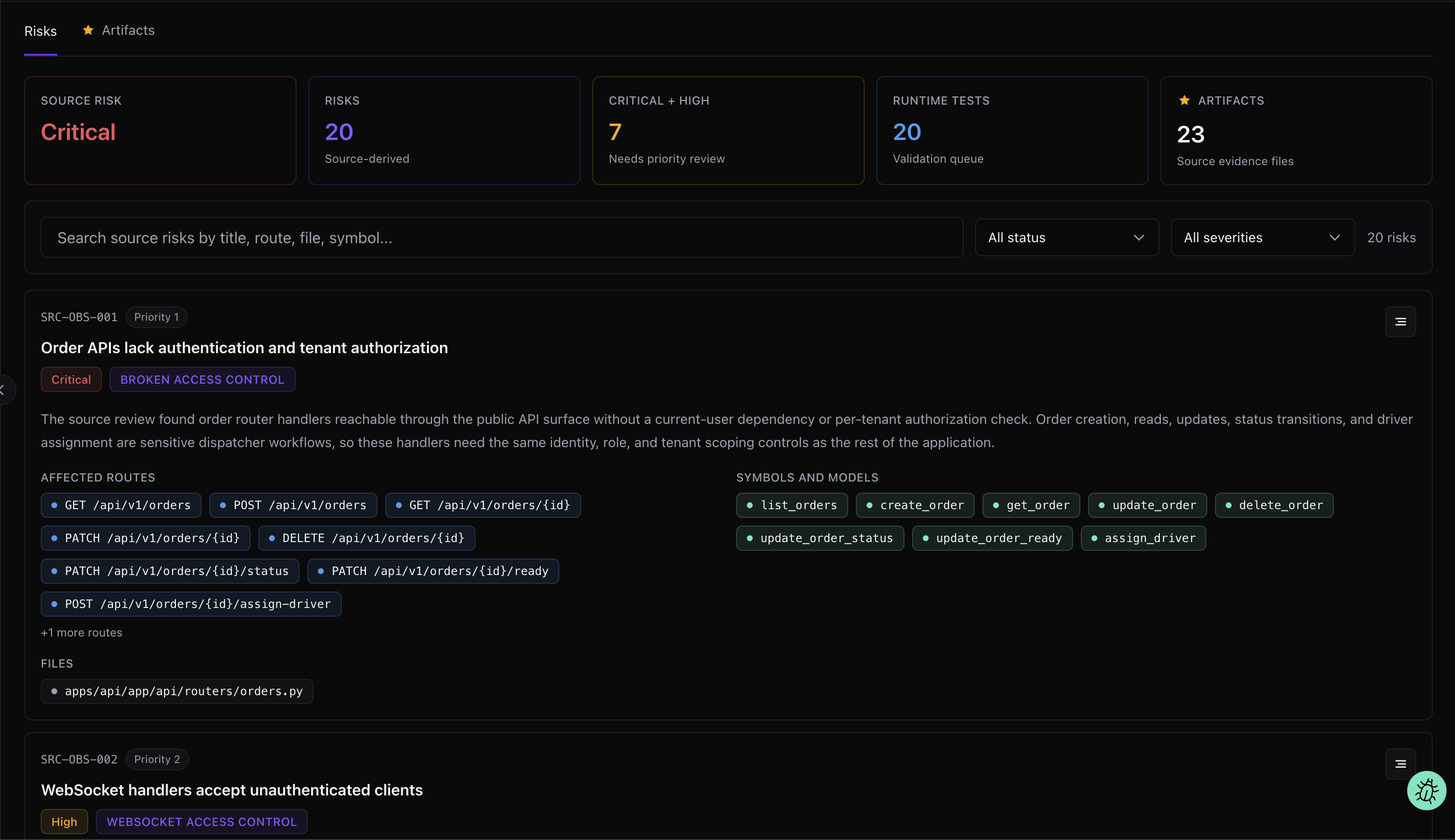 Source Code Risks tab showing summary cards, search, status and severity filters, affected routes, symbols, models, and files