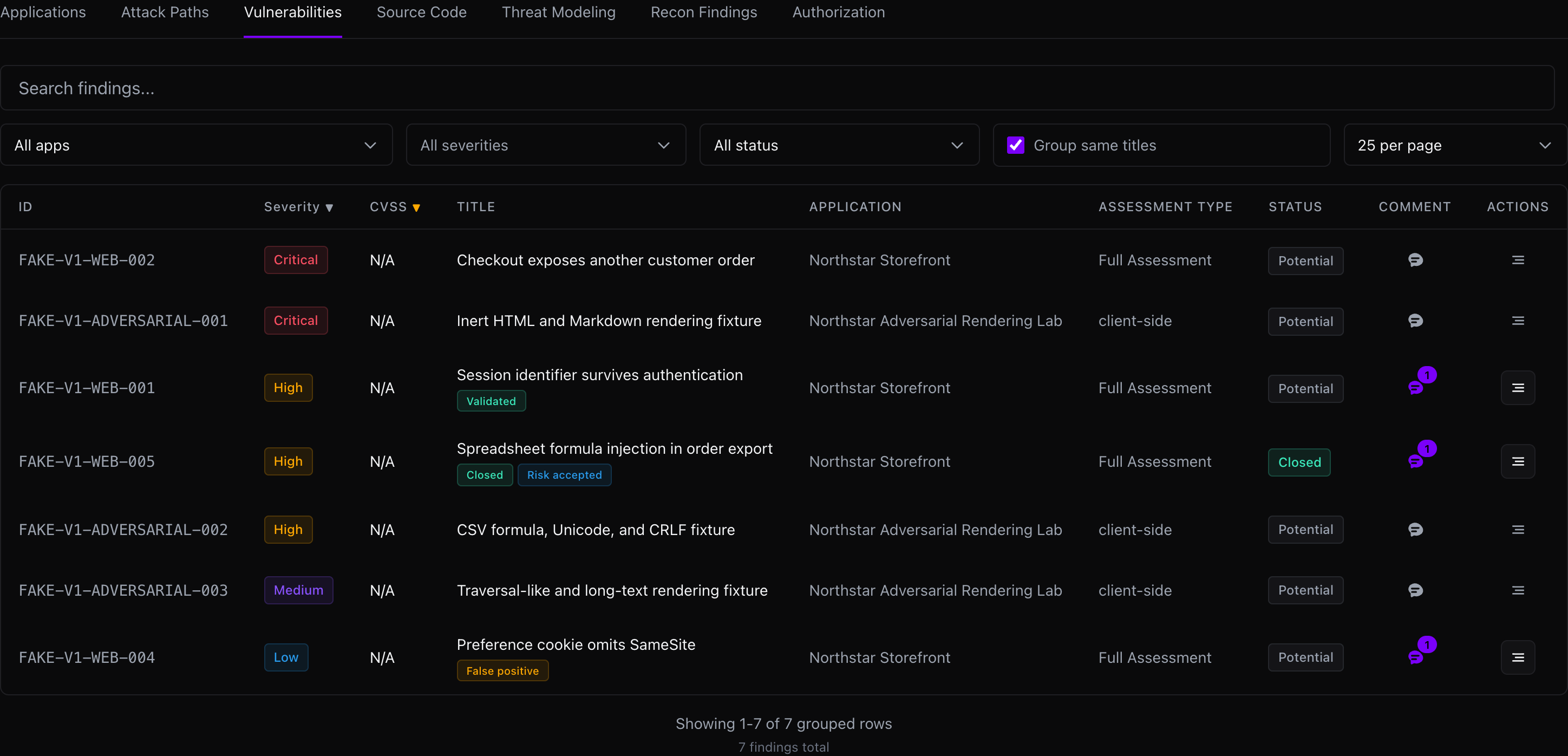 Vulnerabilities tab with filters, grouped titles, severity, CVSS, status, comments, and row actions