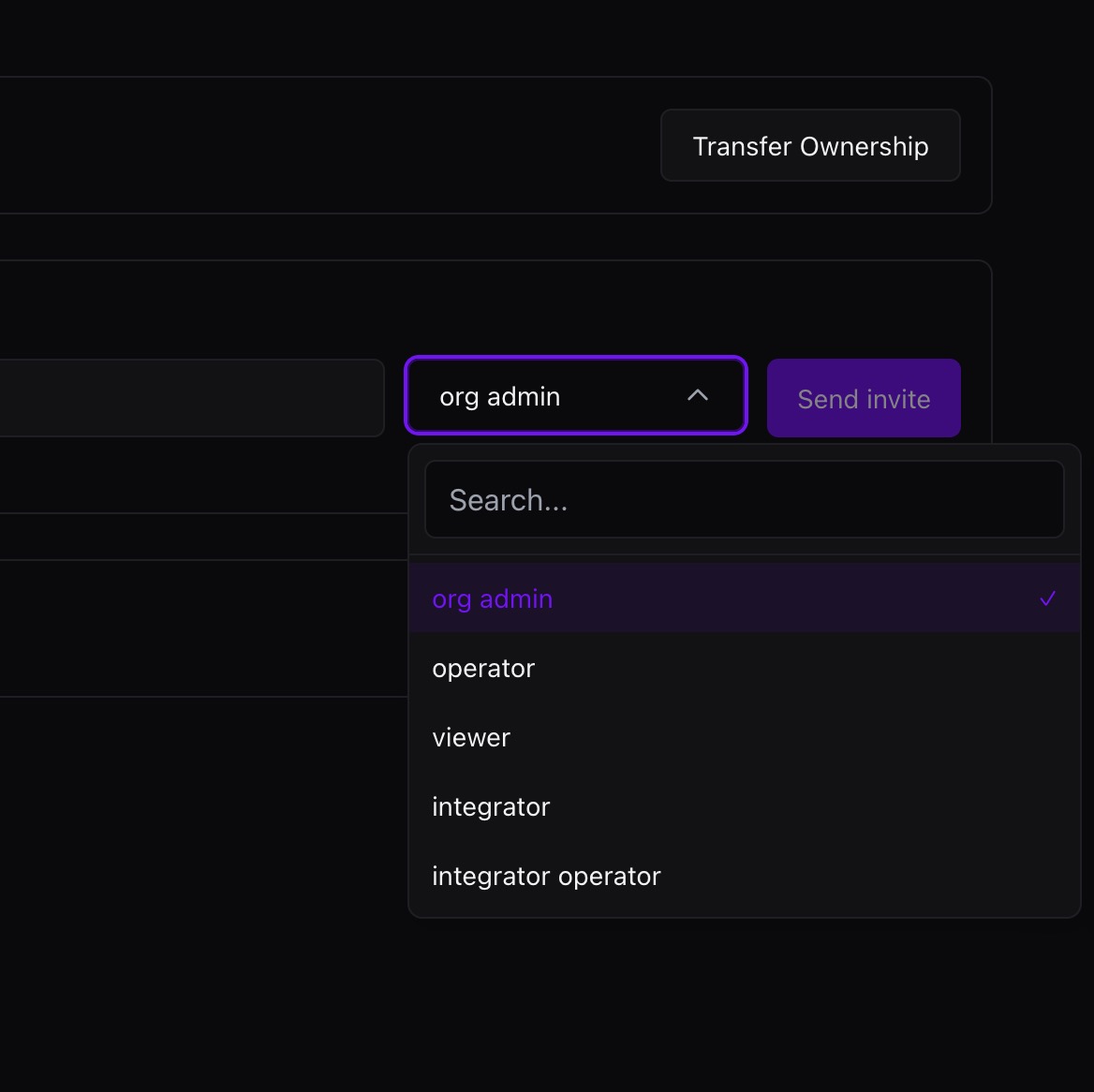 Role selector showing org admin, operator, viewer, integrator, and integrator operator