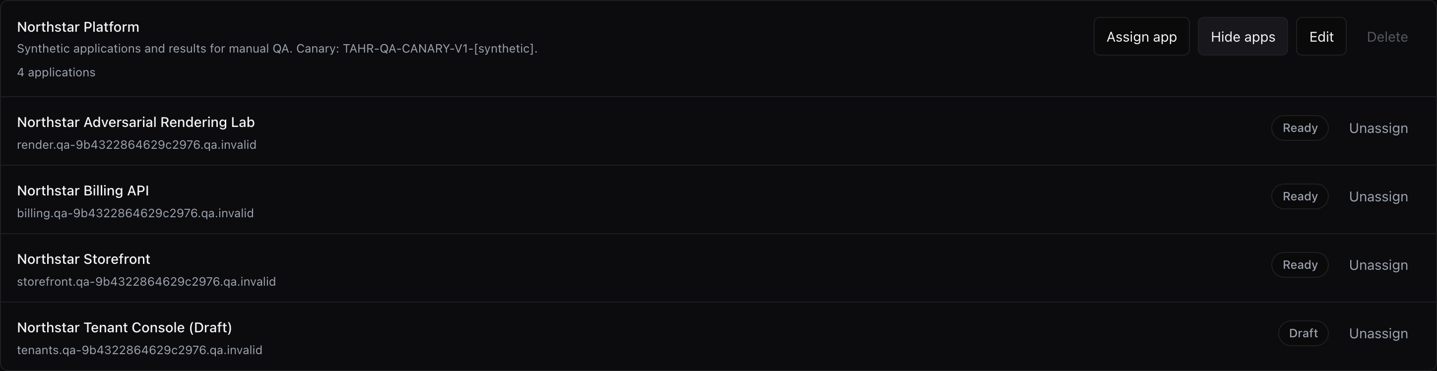 Expanded portfolio showing assigned applications and Unassign controls
