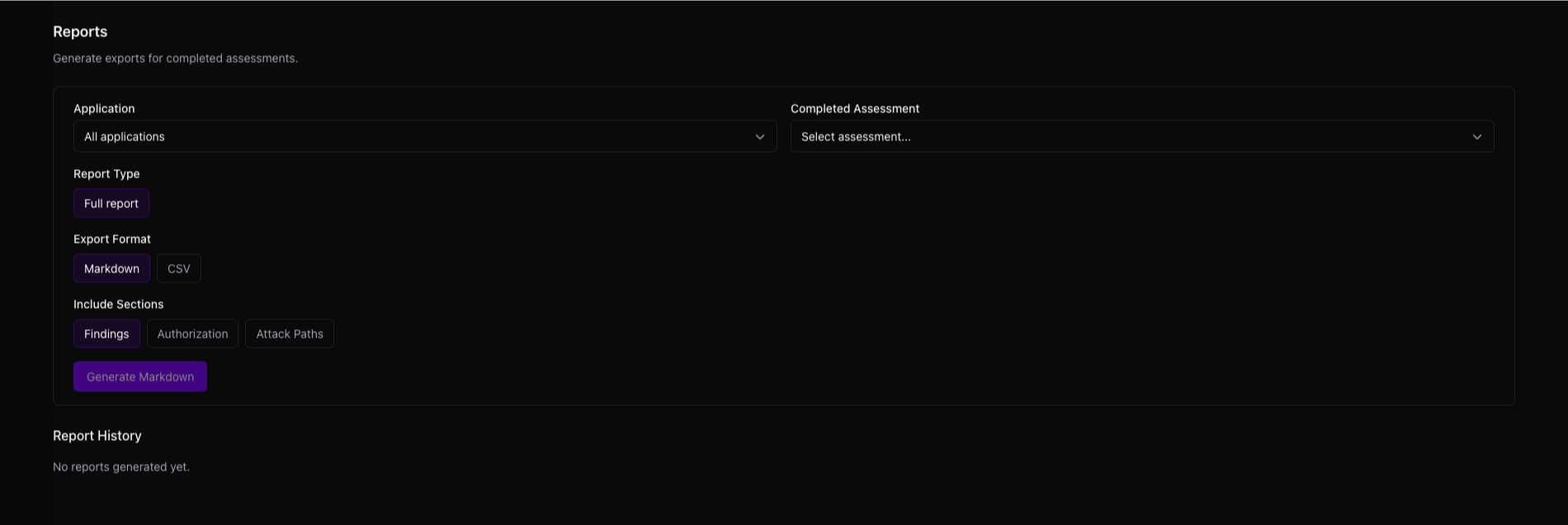 Reports page showing application and completed-assessment selectors, report options, and empty report history