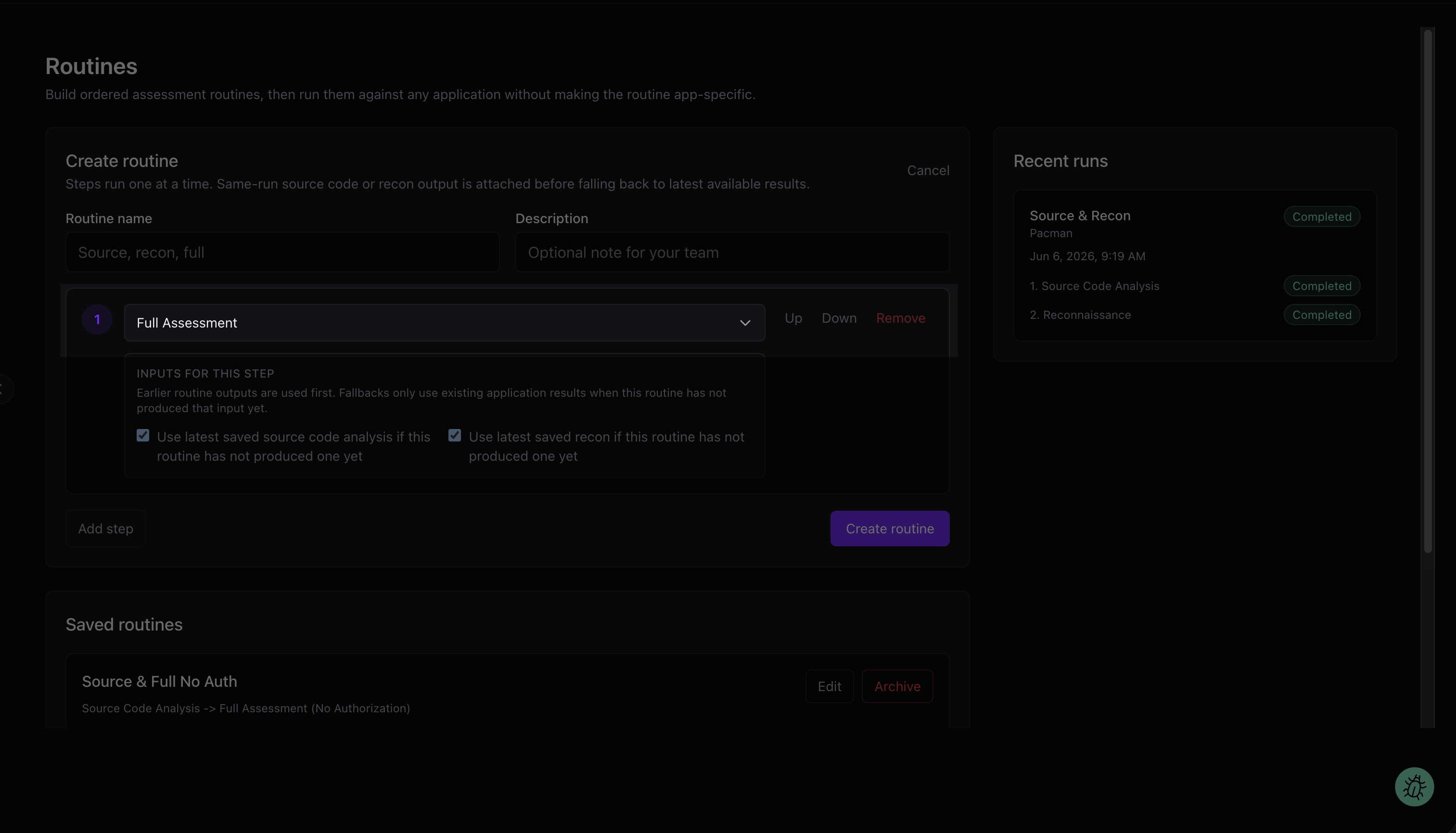 Create routine form with routine name, description, step selector, and input fallback options