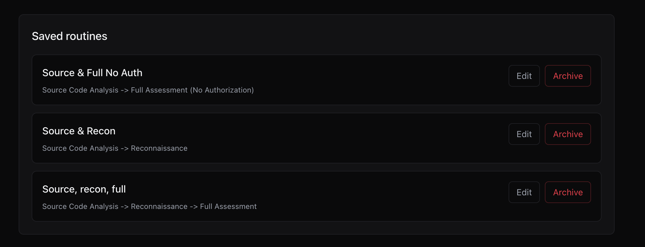 Saved routines list with Edit and Archive actions
