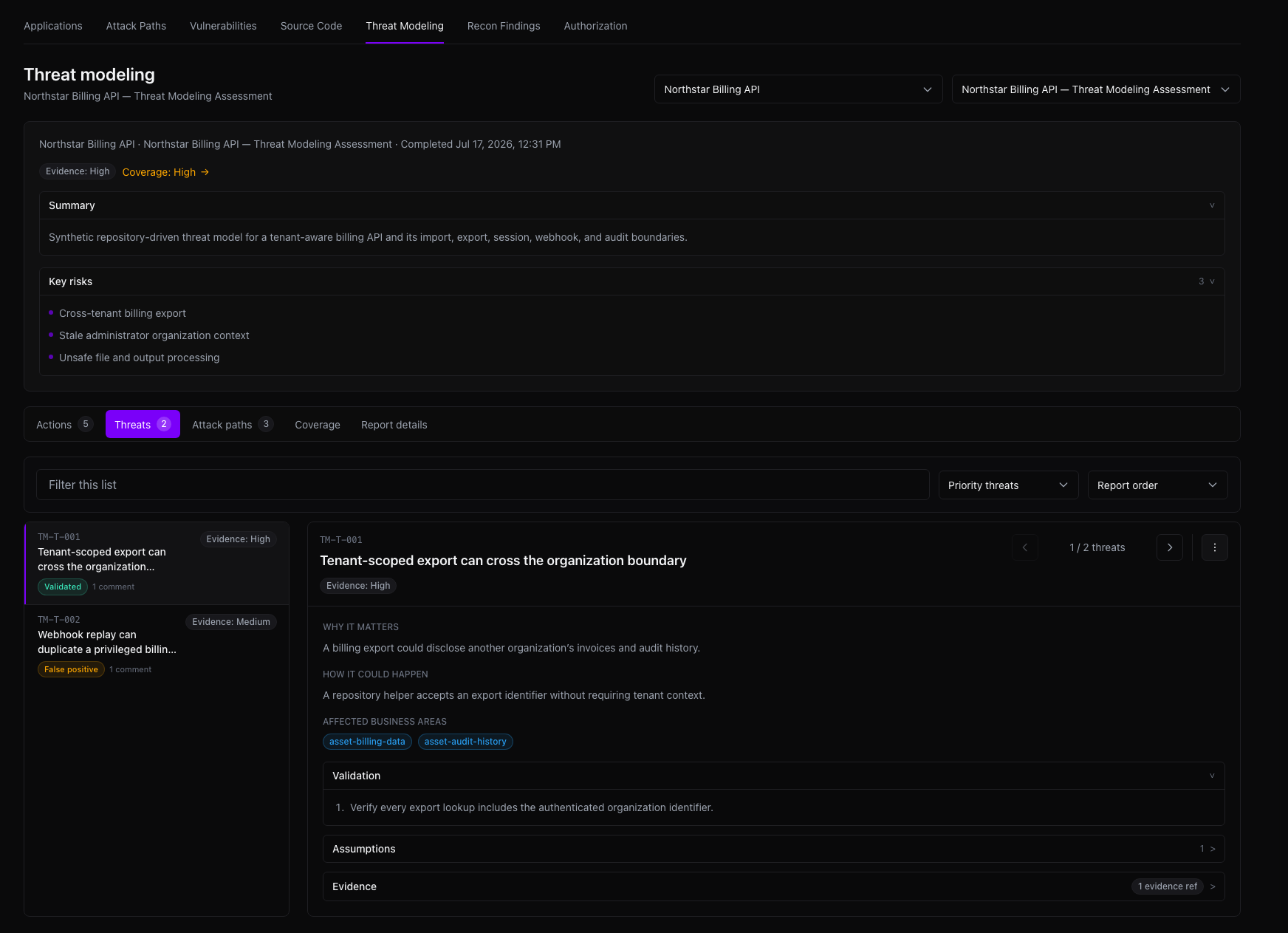 Threat Modeling workspace showing application and assessment selectors, summary and key risks, threats, attack paths, coverage, and report details